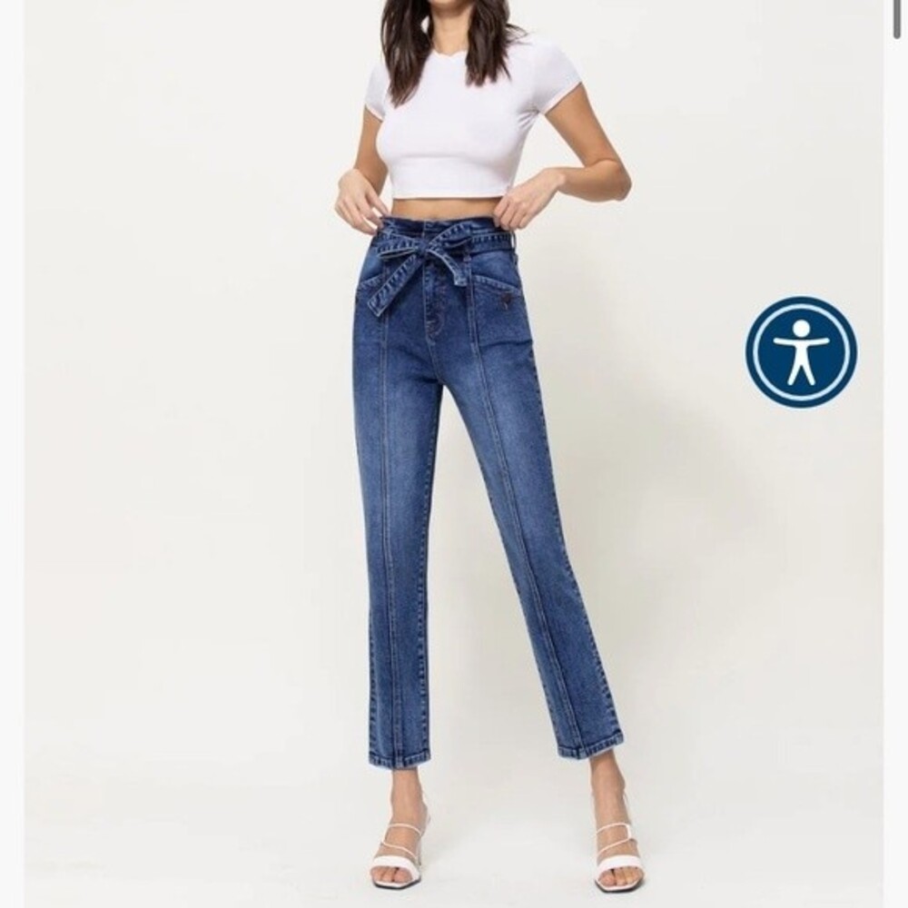 Vervet Plastic Love Stretch‎ Mom Jeans with Belted Waistband and Seamed 27